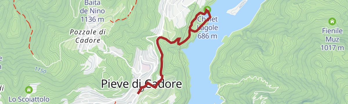 Route map: Lake Centro di Cadore and the Laghetto delle Tose from Pieve di Cadore